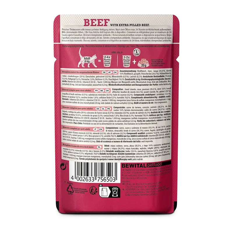LEONARDO Cat Food Beef with Extra Pulled Beef Wet Food 16x70g Made in Germany Completely Food