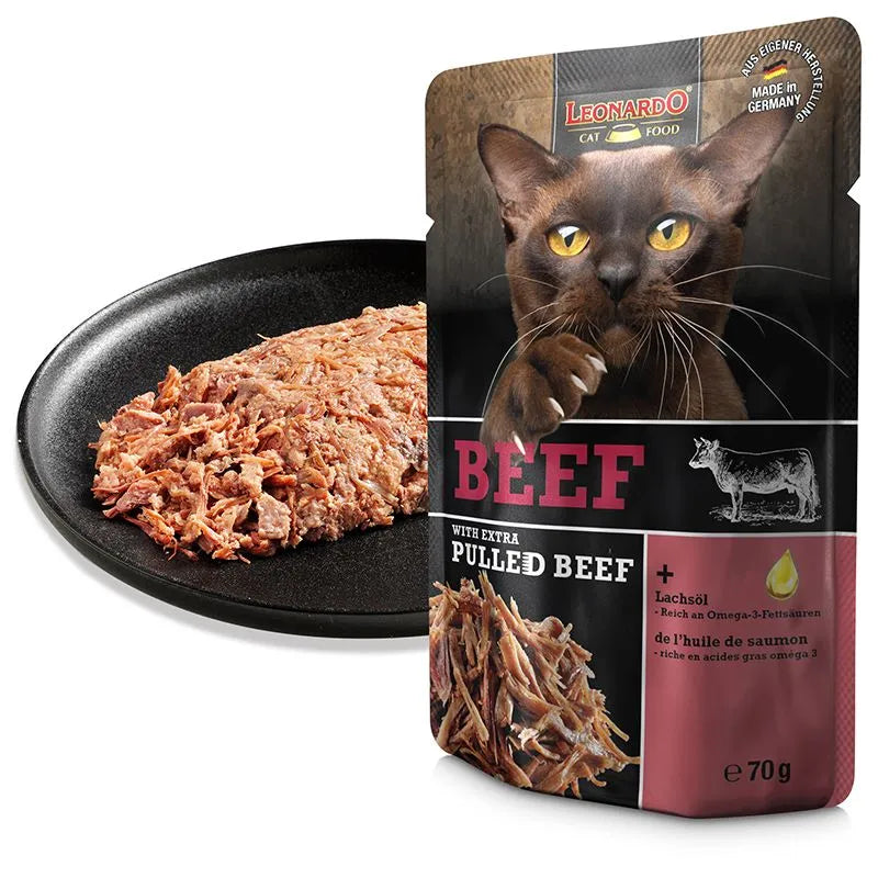 LEONARDO Cat Food Beef with Extra Pulled Beef Wet Food 16x70g Made in Germany Completely Food