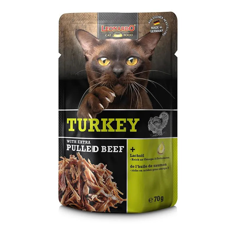 LEONARDO Cat Food Turkey with Extra Pulled Beef Wet Food 16x70g Made in Germany Completely Food