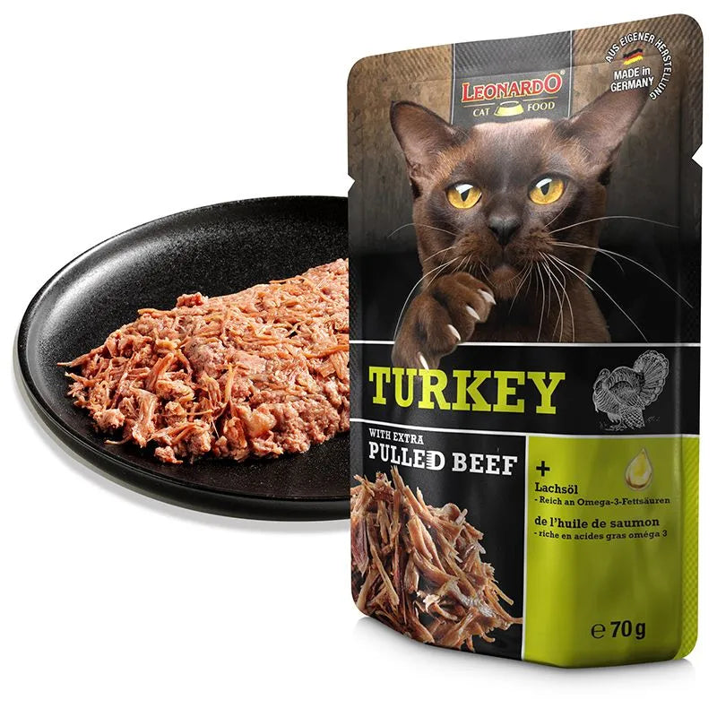 LEONARDO Cat Food Turkey with Extra Pulled Beef Wet Food 16x70g Made in Germany Completely Food