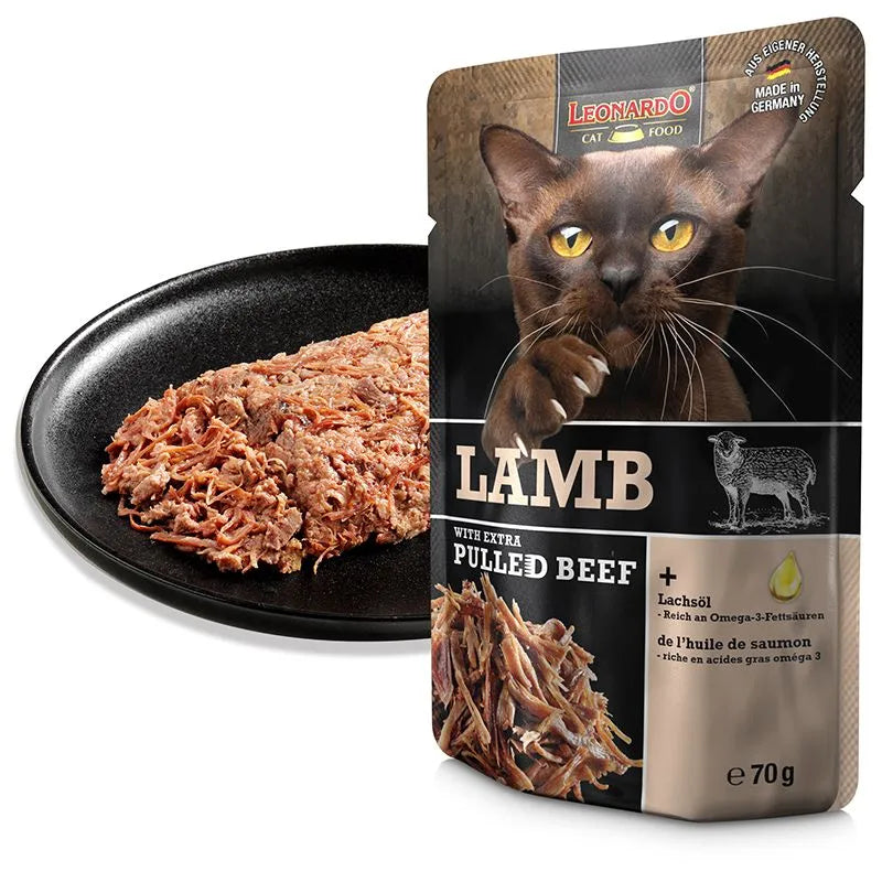 LEONARDO Cat Food Lamb with Extra Pulled Beef Wet Food 16x70g Made in Germany Completely Food