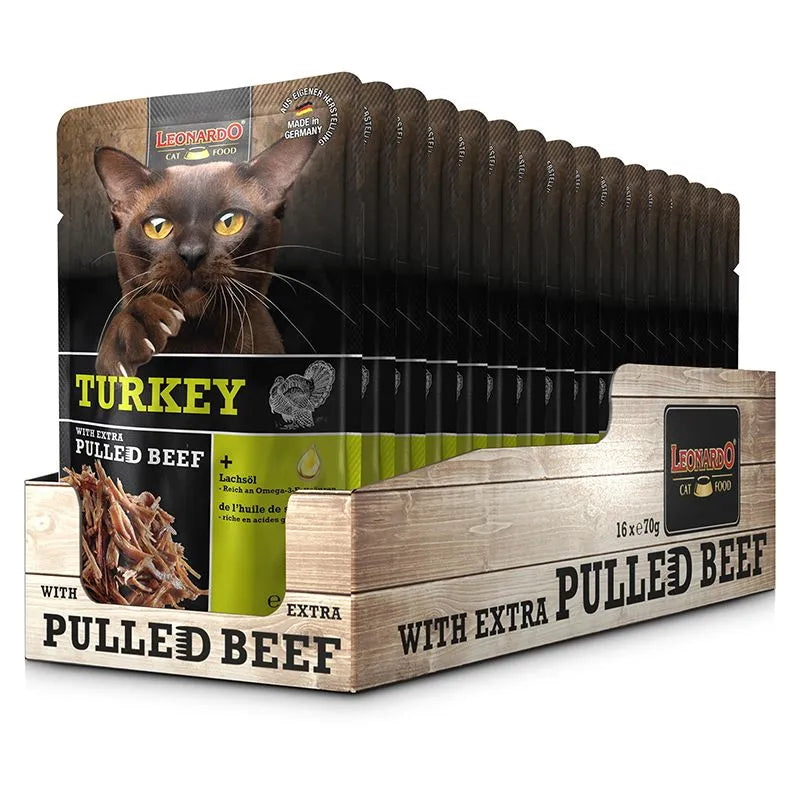 LEONARDO Cat Food Turkey with Extra Pulled Beef Wet Food 16x70g Made in Germany Completely Food
