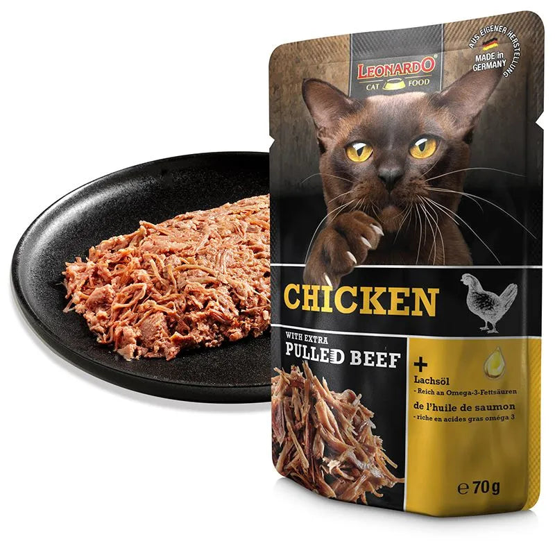 LEONARDO Cat Food Chicken with Extra Pulled Beef Wet Food 16x70g Made in Germany Completely Food