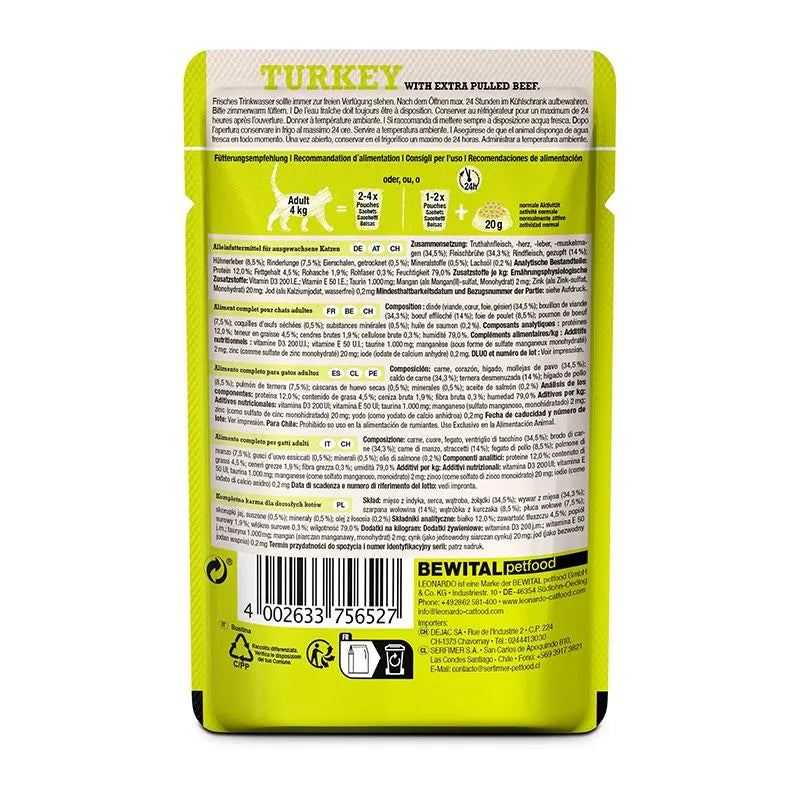 LEONARDO Cat Food Turkey with Extra Pulled Beef Wet Food 16x70g Made in Germany Completely Food