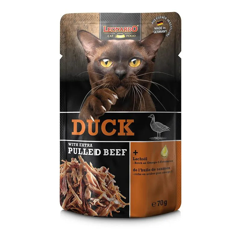 LEONARDO Cat Food Duck with Extra Pulled Beef Wet Food 16x70g Made in Germany Completely Food