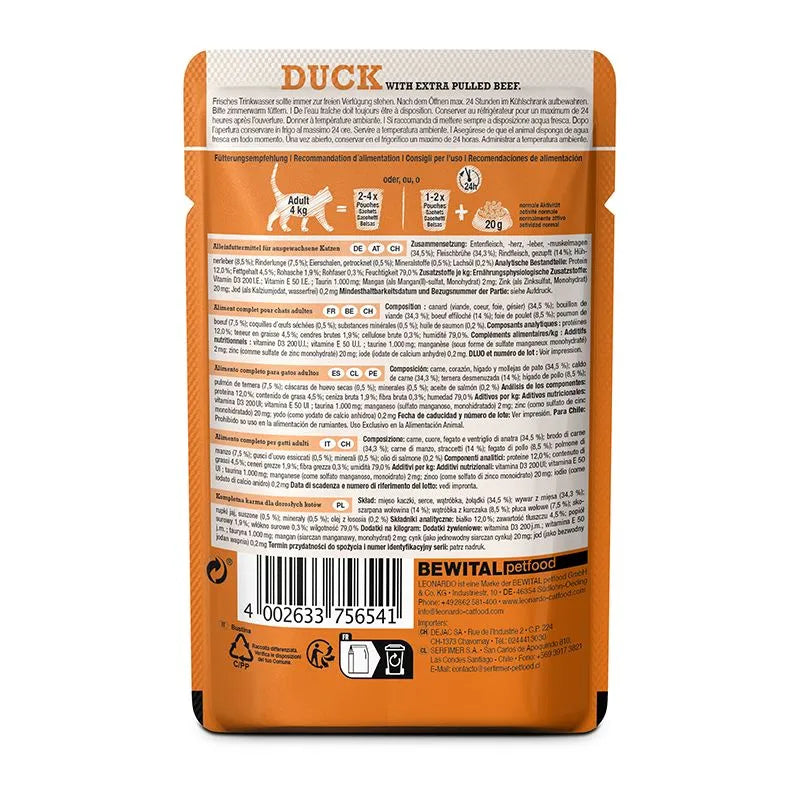LEONARDO Cat Food Duck with Extra Pulled Beef Wet Food 16x70g Made in Germany Completely Food