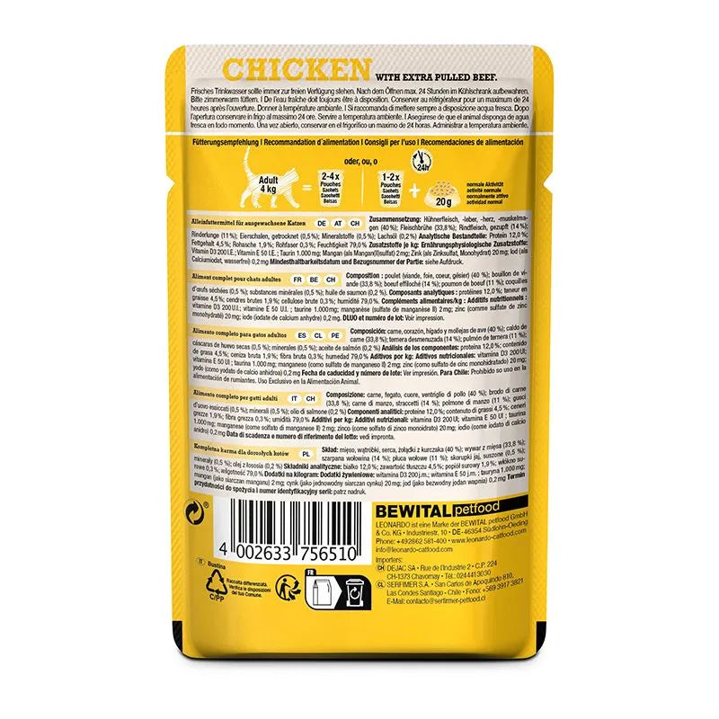 LEONARDO Cat Food Chicken with Extra Pulled Beef Wet Food 16x70g Made in Germany Completely Food