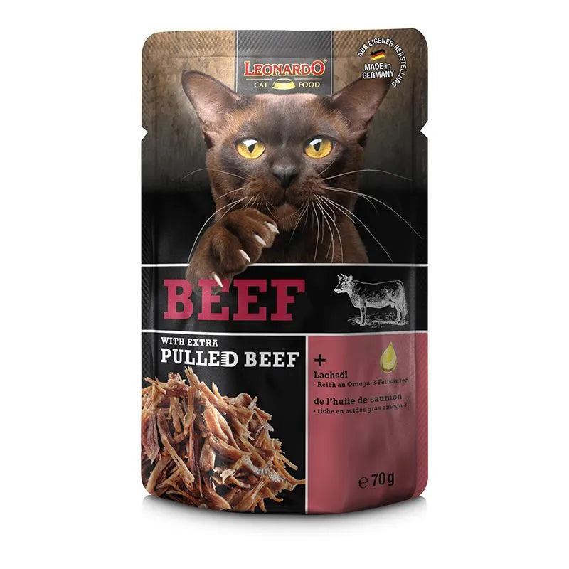 LEONARDO Cat Food Beef with Extra Pulled Beef Wet Food 16x70g Made in Germany Completely Food