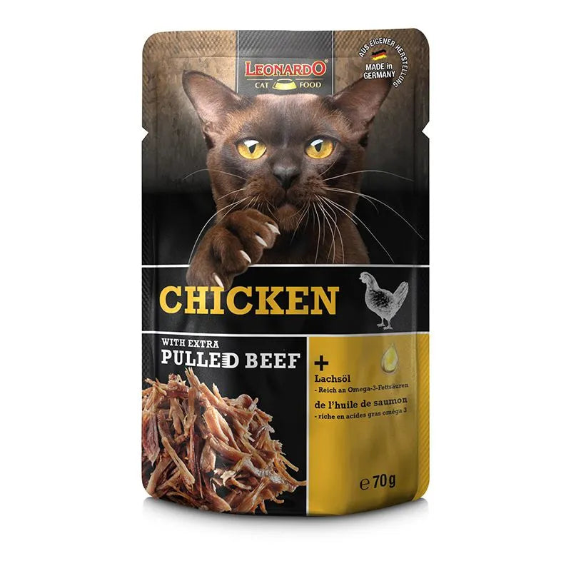 LEONARDO Cat Food Chicken with Extra Pulled Beef Wet Food 16x70g Made in Germany Completely Food