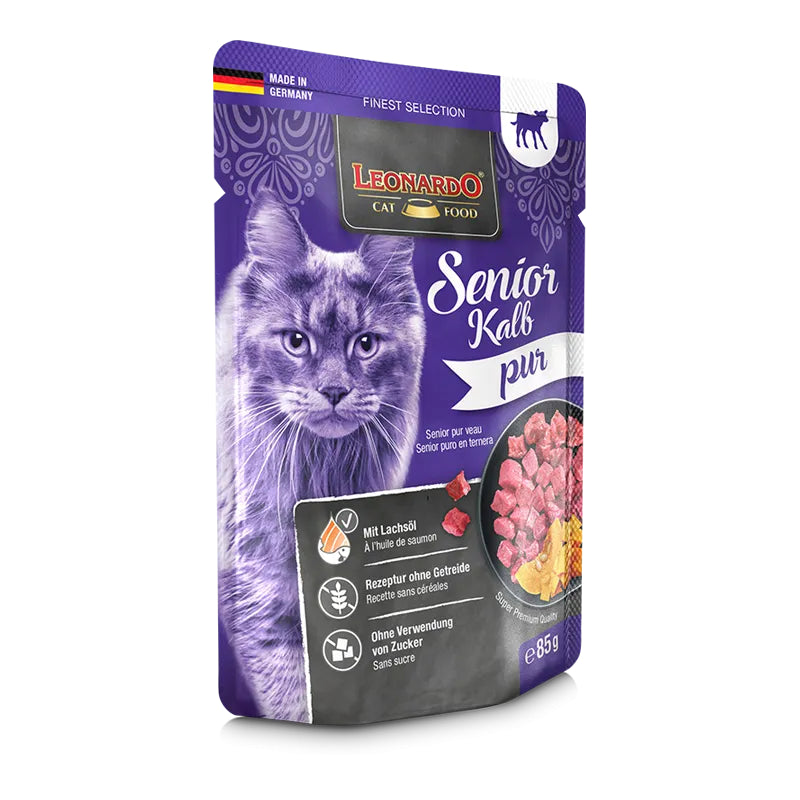 Leonardo Finest Selection Senior Veal Pure 16 x 85g Pouch Beef Cat Wet Food Completely Feed Germany