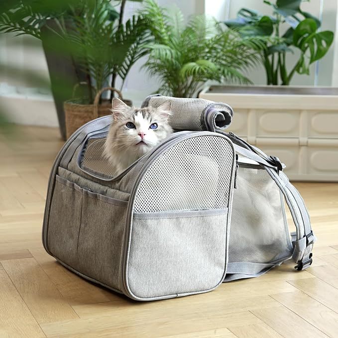 Fukumaru Cat Backpack Adjustable Dog Carrier with Pockets Soft Sided Cage Pet Travel Bag