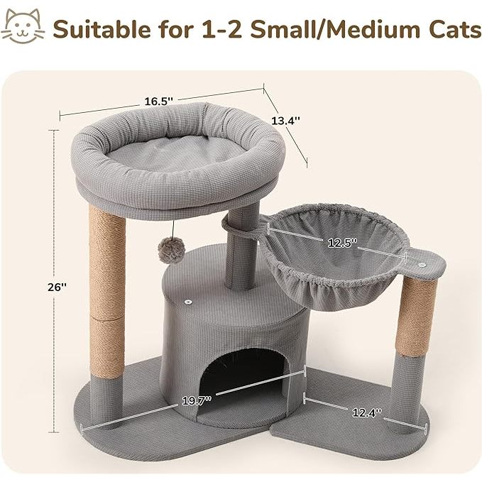 FUKUMARU 26" Cat Scratching Post 4 in 1 Cat Tree Condo Scratcher House Hammock Pet Bed Climber