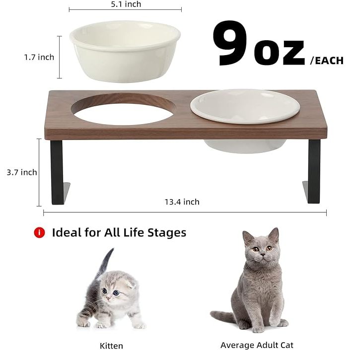 Fukumaru Elevated Cat Ceramic Bowls Small Dog 15° Tilted Raised Food Feeding Dishes Solid Wood Pet Feeder