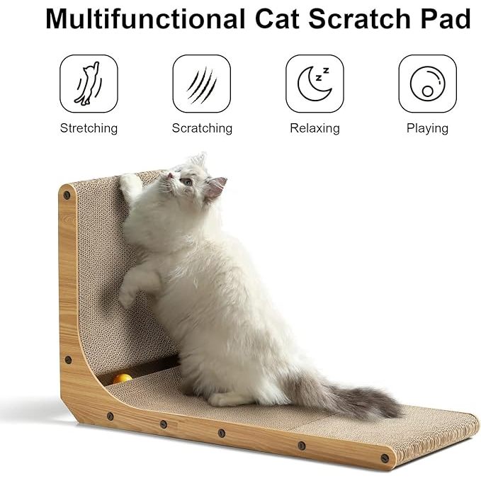 Fukumaru Cat Scratcher L Shape Cat Scratch Pad Wall Mounted Scratching Cardboard with Ball Toy