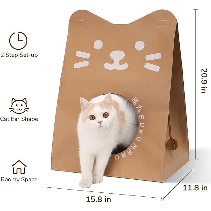 Fukumaru Cat House Paper Bag Multi Function Enclosed Kraft Cat Condo Scratcher House