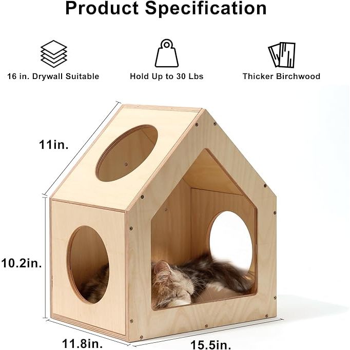 FUKUMARU Cat Bed Wall Mounted Wooden Furniture House Perch Cat Tree Birch Plywood Condo