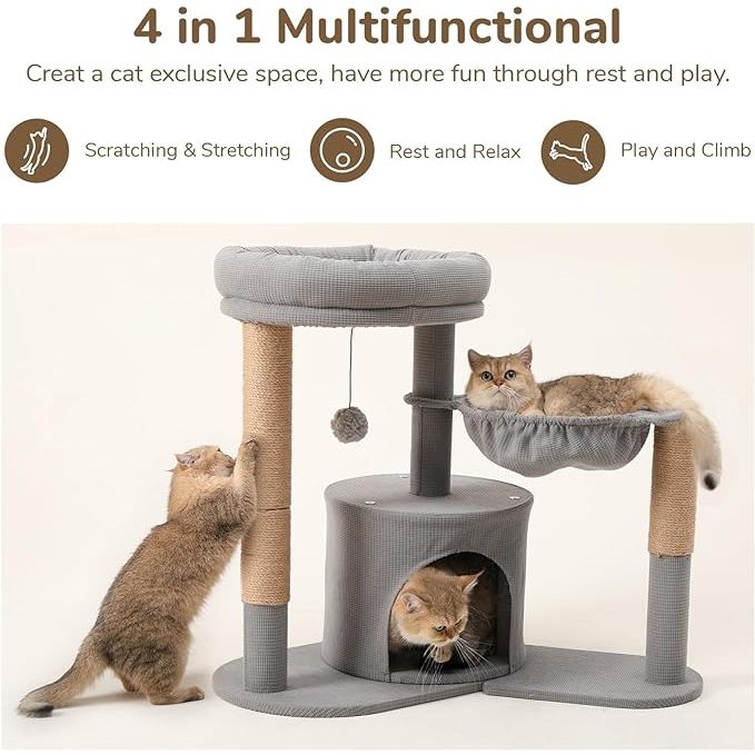 FUKUMARU 26" Cat Scratching Post 4 in 1 Cat Tree Condo Scratcher House Hammock Pet Bed Climber