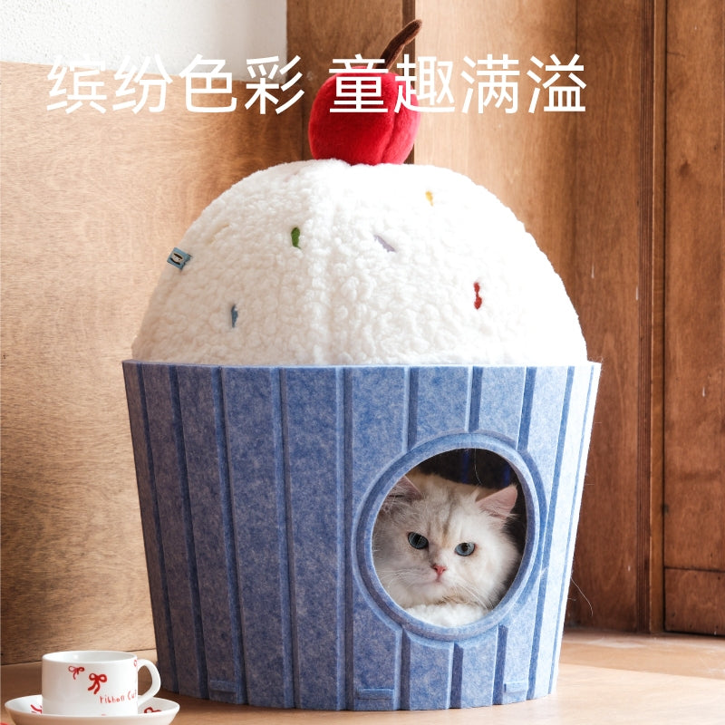 Fukumaru Muffin Cake Cat Bed All-Season Adorable Felt Enclosed Pet Bed for Cats