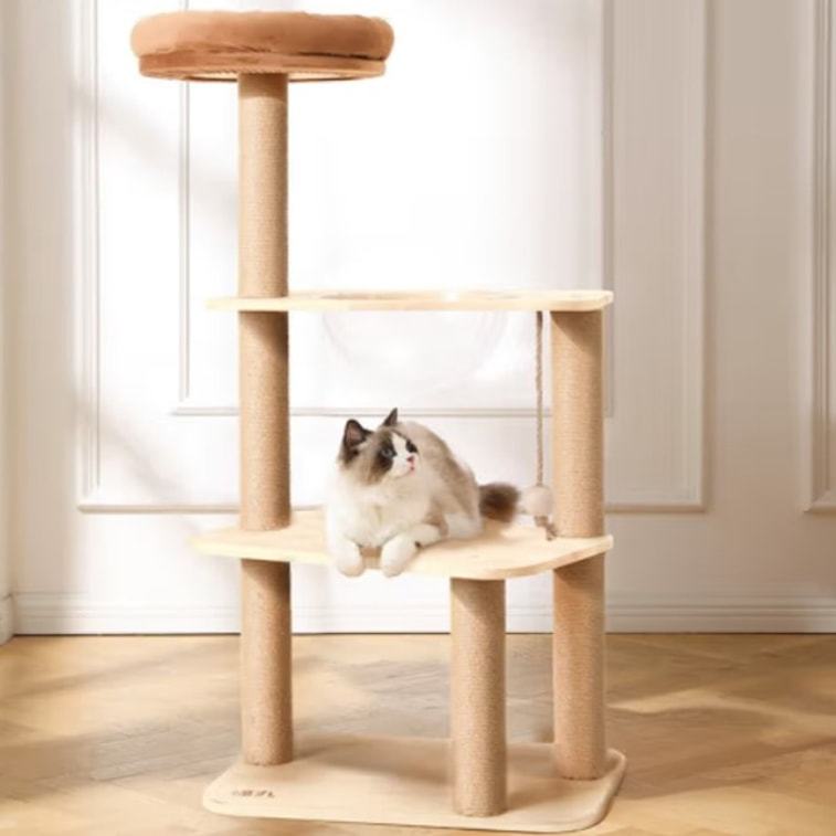 Fukumaru Vertical Cat Scratching Post - Solid Wood Rotating Cat Climbing Tower with Space Chamber