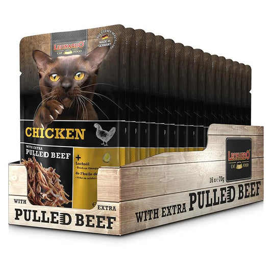 LEONARDO Cat Food Chicken with Extra Pulled Beef Wet Food 16x70g Made in Germany Completely Food