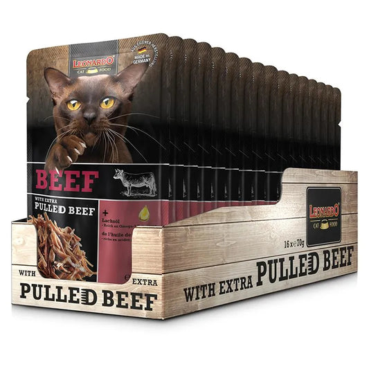 LEONARDO Cat Food Beef with Extra Pulled Beef Wet Food 16x70g Made in Germany Completely Food