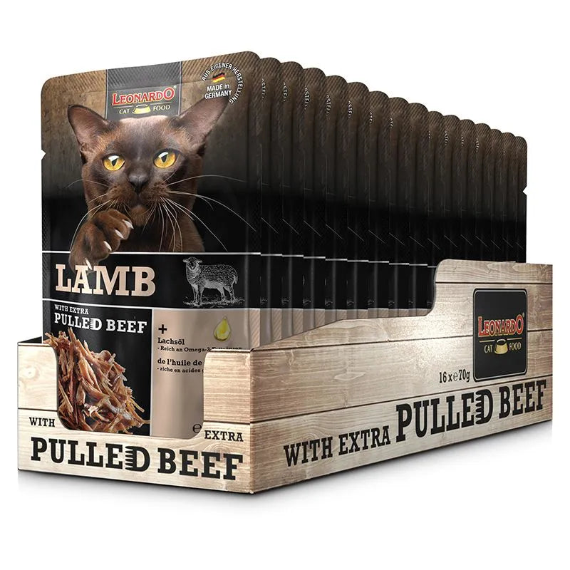 LEONARDO Cat Food Lamb with Extra Pulled Beef Wet Food 16x70g Made in Germany Completely Food