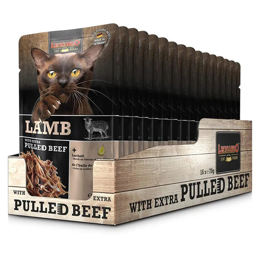 LEONARDO Cat Food Lamb with Extra Pulled Beef Wet Food 16x70g Made in Germany Completely Food