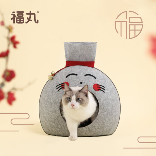 Fukumaru Lucky Bag Cat Bed Warm Enclosed Secure Cat House All-Season Felt Bed for Cats