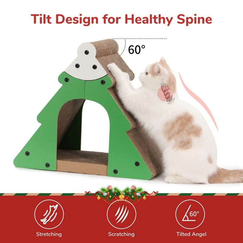 FUKUMARU Cat Scratcher Christmas Tree  Cat Scratching Tower, 2-in-1 Cat Scratcher and Cave Cardboard