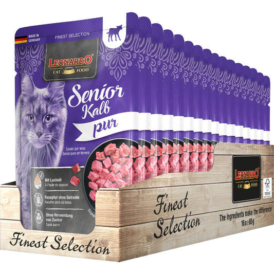 Leonardo Finest Selection Senior Veal Pure 16 x 85g Pouch Beef Cat Wet Food Completely Feed Germany