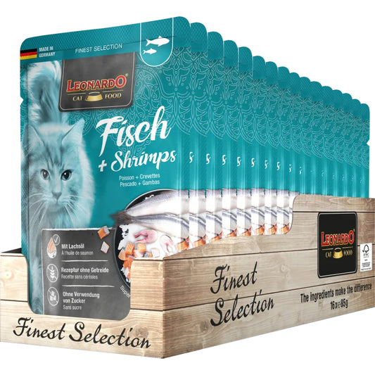 Leonardo Cat Food Finest Selection Fish + Shrimps 16*85g Pouches Wet Balanced Food Made in Germany