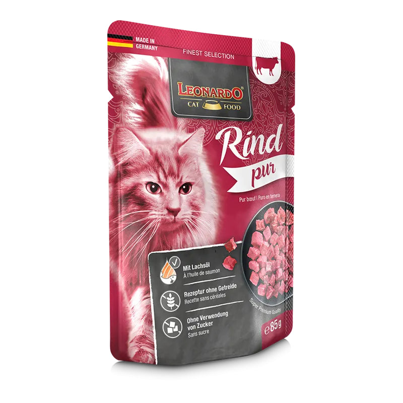 Leonardo Cat Food Finest Selection Pure Beef 16*85g Pouches Wet Balanced Food Made in Germany