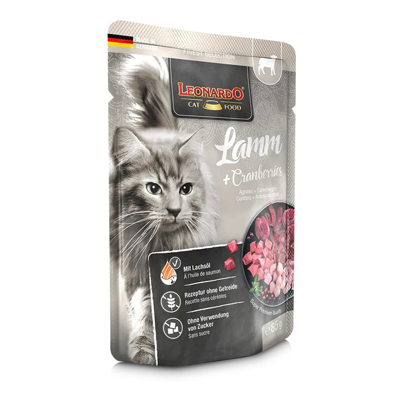 Leonardo Cat Food Finest Selection Lamb + Cranberries 16*85g Pouches Wet Balanced Food Germany