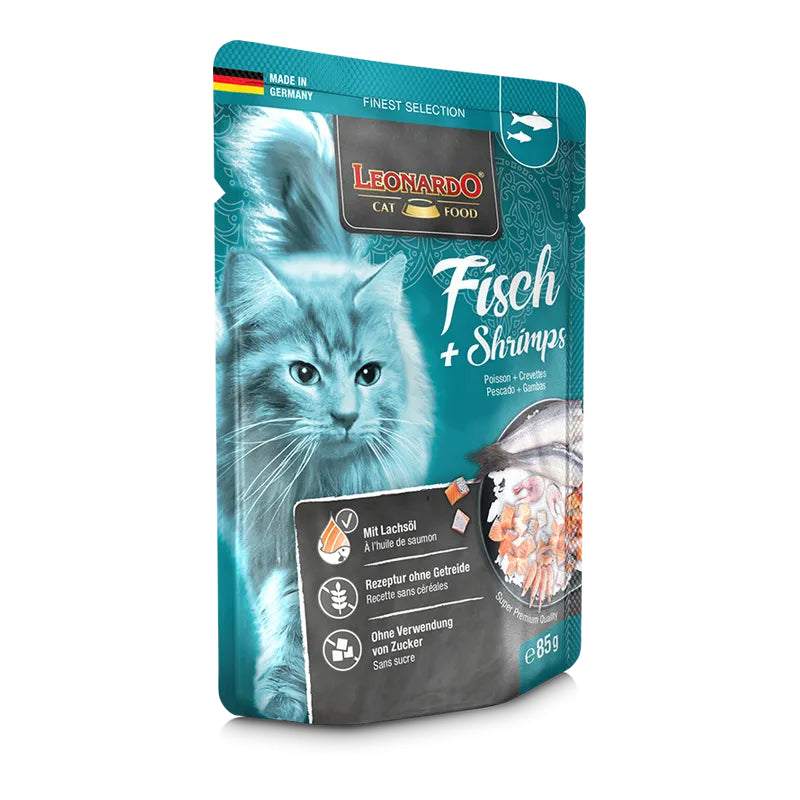 Leonardo Cat Food Finest Selection Fish + Shrimps 16*85g Pouches Wet Balanced Food Made in Germany
