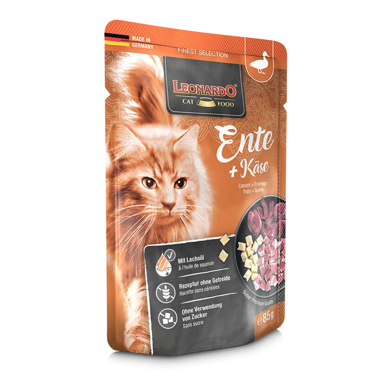 Leonardo Cat Food Finest Selection Duck + Cheese 16*85g Pouches Wet Balanced Food Made in Germany