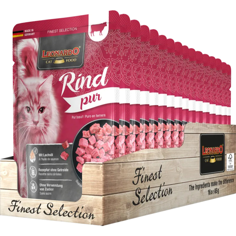 Leonardo Cat Food Finest Selection Pure Beef 16*85g Pouches Wet Balanced Food Made in Germany