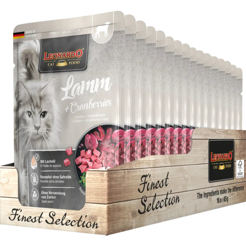 Leonardo Cat Food Finest Selection Lamb + Cranberries 16*85g Pouches Wet Balanced Food Germany