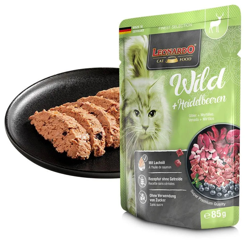 Leonardo Cat Food Finest Selection Venison + Bilberries 16*85g Pouches Wet Balance Food Germany Made