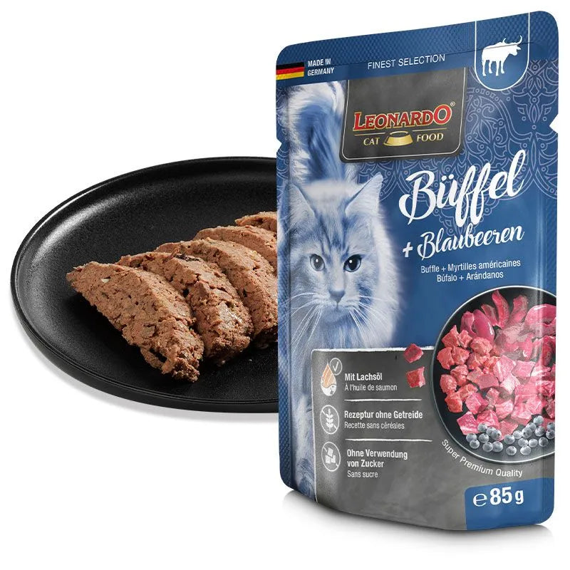 Leonardo Cat Food Finest Selection Water buffalo + Blueberries 16*85g Pouches Balanced Wet Germany