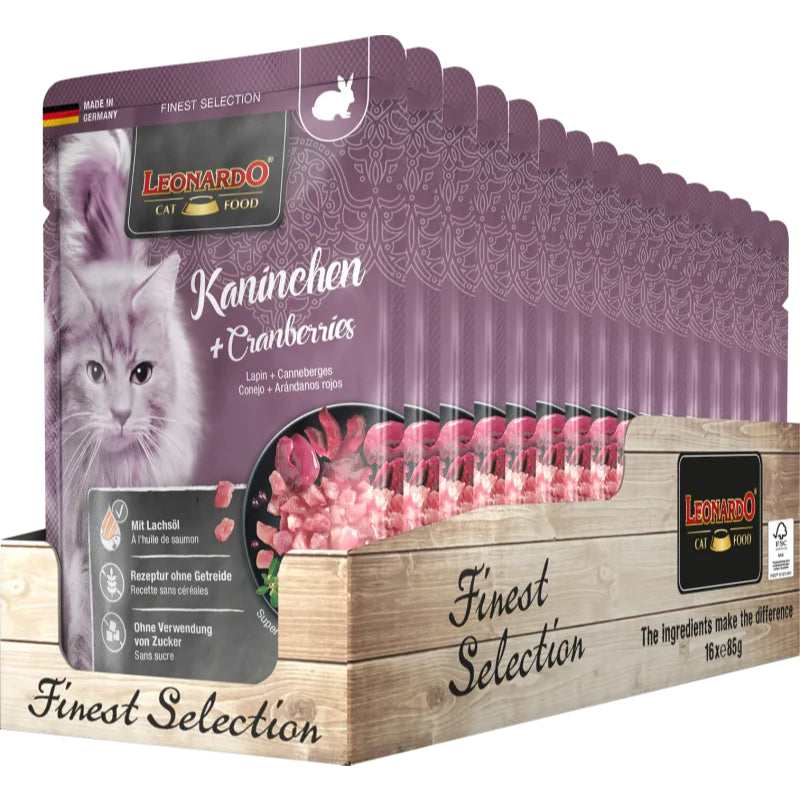 Leonardo Cat Food Finest Selection Rabbit + Cranberries 16*85g Pouches Wet Balanced Food Germany