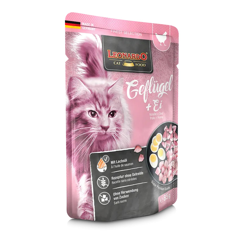 Leonardo Cat Food Finest Selection Poultry + Egg 16*85g Pouches Wet Balanced Food Made in Germany