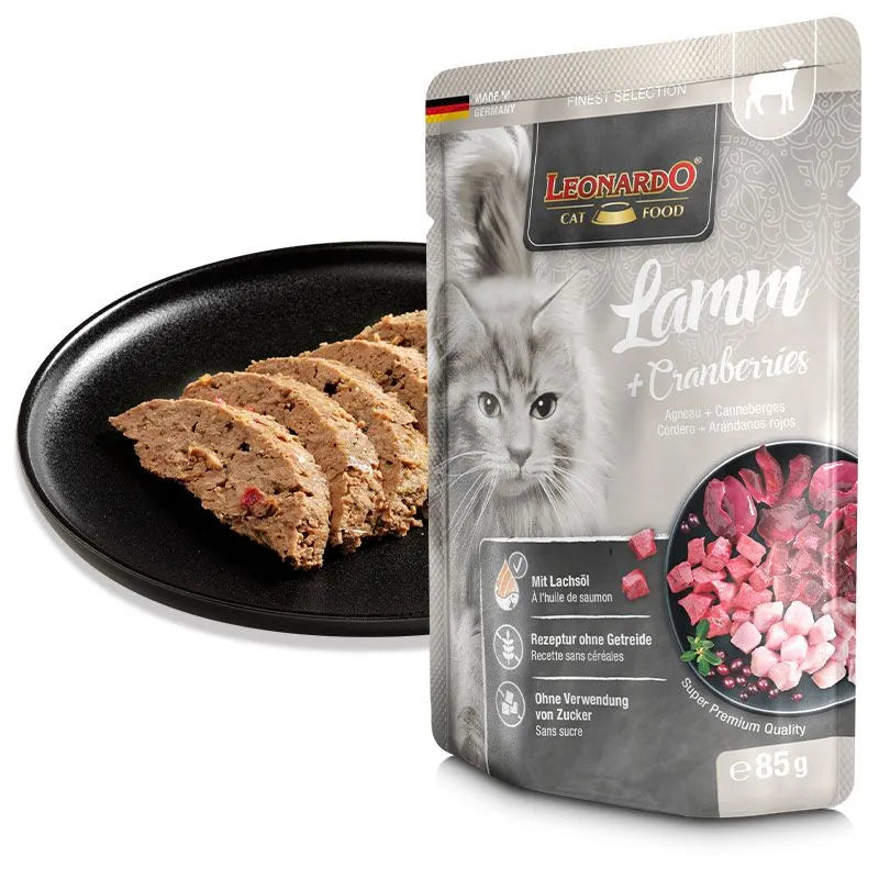 Leonardo Cat Food Finest Selection Lamb + Cranberries 16*85g Pouches Wet Balanced Food Germany