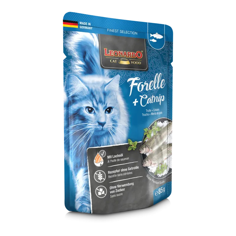 Leonardo Cat Food Finest Selection Trout + Catnip 16*85g Pouches Wet Balanced Food Made in Germany