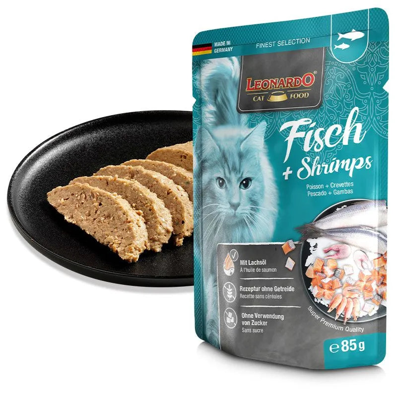 Leonardo Cat Food Finest Selection Fish + Shrimps 16*85g Pouches Wet Balanced Food Made in Germany