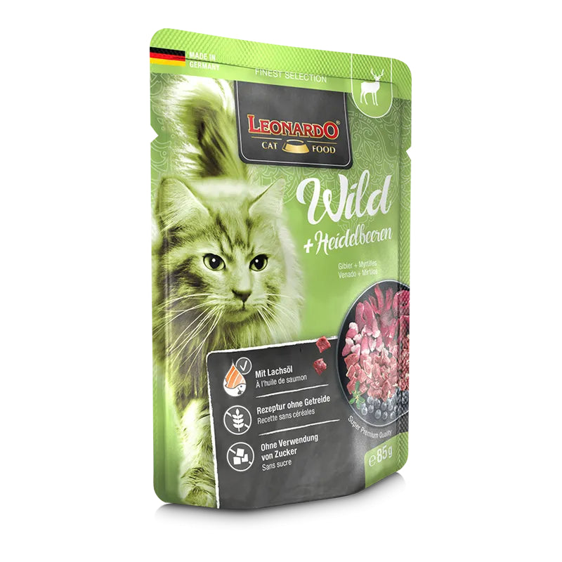 Leonardo Cat Food Finest Selection Venison + Bilberries 16*85g Pouches Wet Balance Food Germany Made
