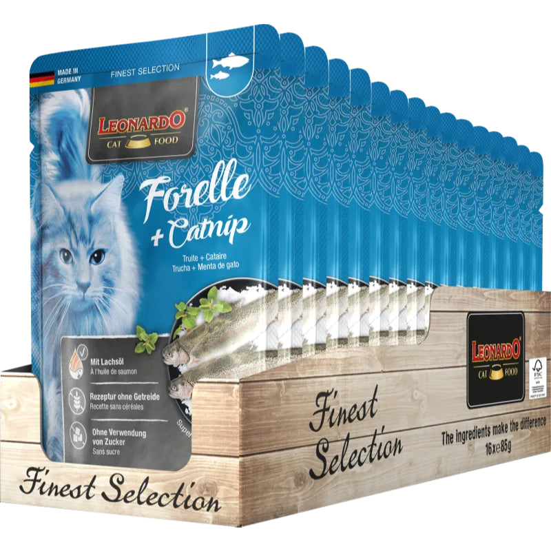 Leonardo Cat Food Finest Selection Trout + Catnip 16*85g Pouches Wet Balanced Food Made in Germany