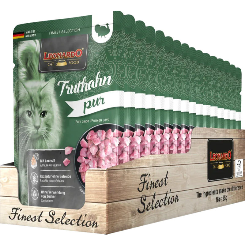 Leonardo Cat Food Finest Selection Pure Turkey 16*85g Pouches Wet Balanced Food Made in Germany