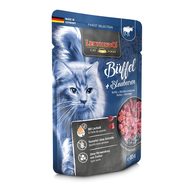 Leonardo Cat Food Finest Selection Water buffalo + Blueberries 16*85g Pouches Balanced Wet Germany