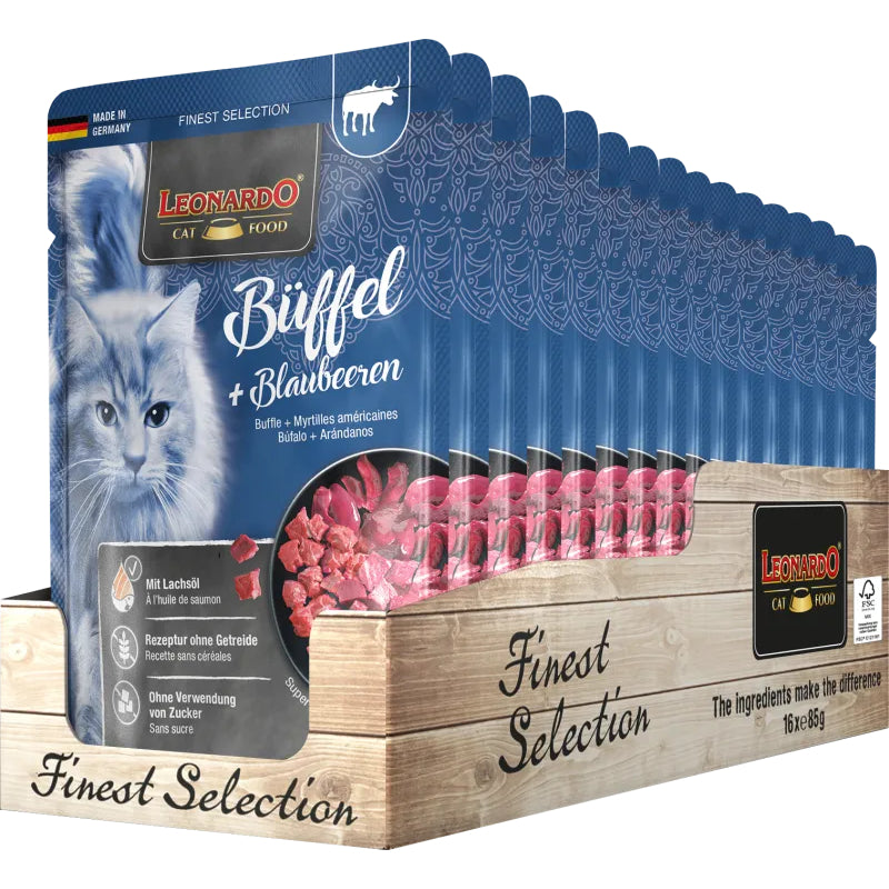Leonardo Cat Food Finest Selection Water buffalo + Blueberries 16*85g Pouches Balanced Wet Germany
